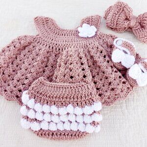 Crochet Baby Girl Victorian Rose and White Heirloom Dress Set Photo Prop